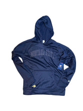 Load image into Gallery viewer, Navy blue Champion Montana State Bobcats pullover hoodie with arched Montana State lettering, front kangaroo pocket, and Bobcat logo.