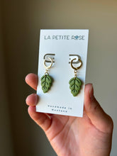 Load image into Gallery viewer, La Petite Rose LLC - Dainty Olive Green Leaf Earrings, Plant Huggie Hoop Dangles
