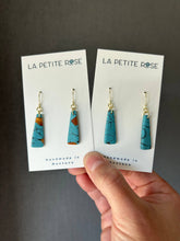 Load image into Gallery viewer, Faux turquoise tapered clay dangle earrings on two La Petite Rose cards.
