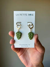 Load image into Gallery viewer, La Petite Rose LLC - Dainty Olive Green Leaf Earrings, Plant Huggie Hoop Dangles
