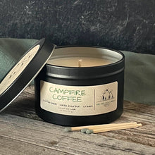 Load image into Gallery viewer, Pine and Sage Candles - Campfire Coffee-6 oz. Black Matte Candle Tin
