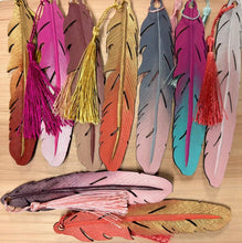 Load image into Gallery viewer, Hand-Painted Leather Feather Bookmark – By: AnH Silvertip Family
