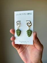 Load image into Gallery viewer, La Petite Rose LLC - Dainty Olive Green Leaf Earrings, Plant Huggie Hoop Dangles
