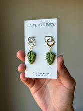 Load image into Gallery viewer, La Petite Rose LLC - Dainty Olive Green Leaf Earrings, Plant Huggie Hoop Dangles
