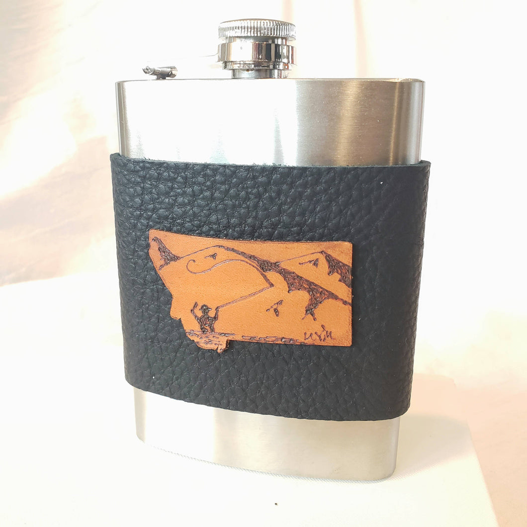 Etched Leather Flask (Fishing) - By: Uniquely Yours Montana